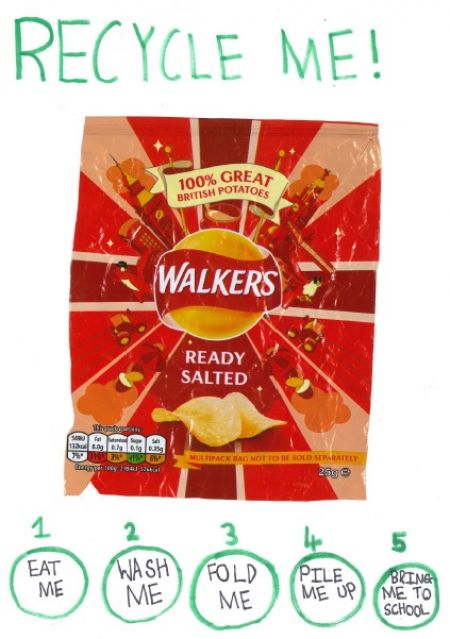 Please collect a full shoebox of clean, empty crisp packets and then drop them off in our Crisp Packet recycling bin in the front porch!
